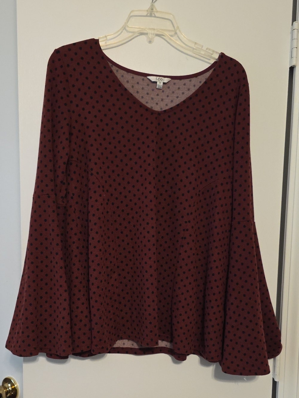 Women's Burgundy Polka Dot V-Neck Bell Sleeve Top